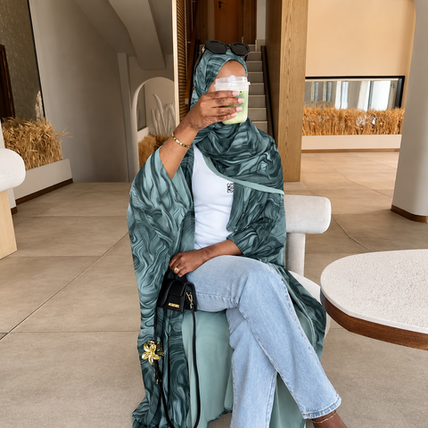Emerald Mirage Chiffon Abaya Set- Mavenne Bi