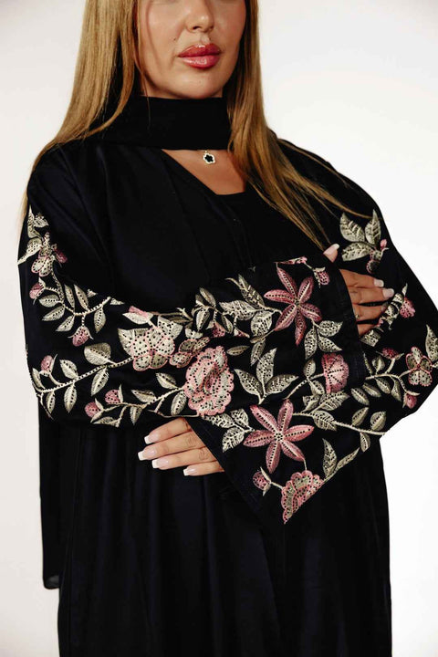 Rosé Noir Embroidered Abaya- Mavenne Bi