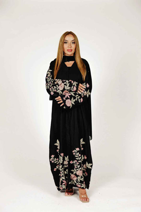 Rosé Noir Embroidered Abaya- Mavenne Bi
