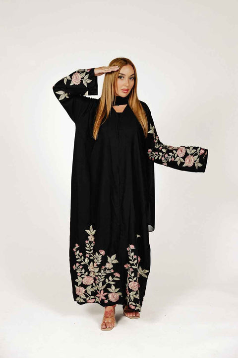 Rosé Noir Embroidered Abaya- Mavenne Bi
