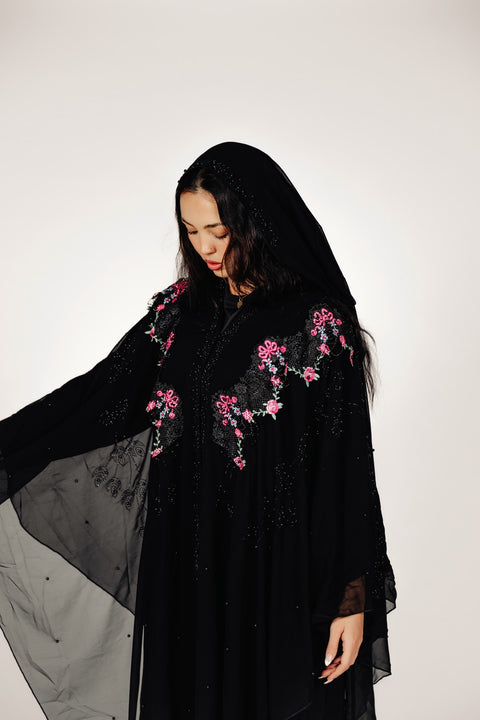 Noir Rosé Couture Abaya Set- Mavenne BI
