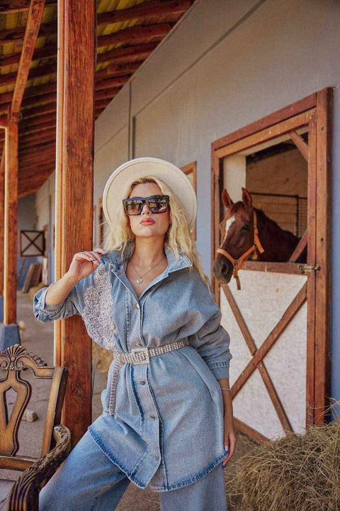 The Denim Embroidery Co-Ord Set- Mavenne Bi