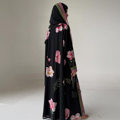 Midnight Blossom Chiffon Abaya Set- Mavenne Bi
