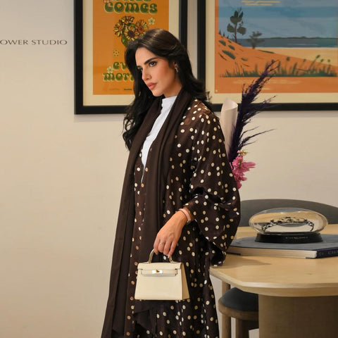 Mocha Polka Luxe Abaya- Mavenne Bi