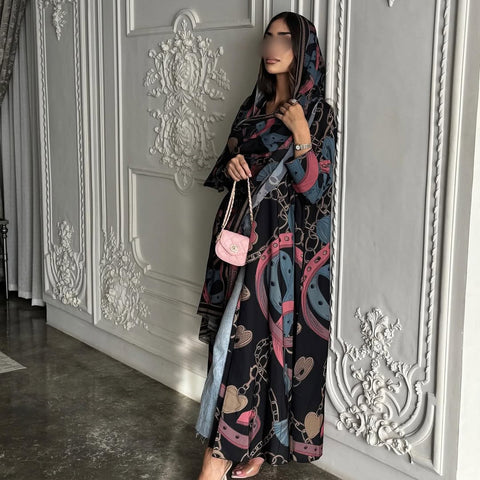 Mavenne Bi Luxe Printed Abaya Set – Midnight Elegance