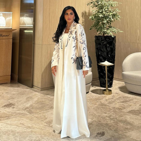 Mavenne Bi- Elegant White Embroidered Long Abaya