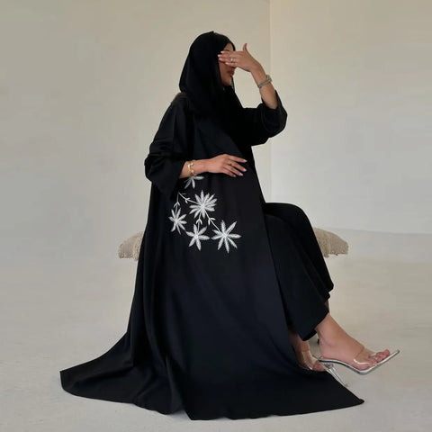 The Noir Flora Embroidered Open Abaya – Mavenne Bi