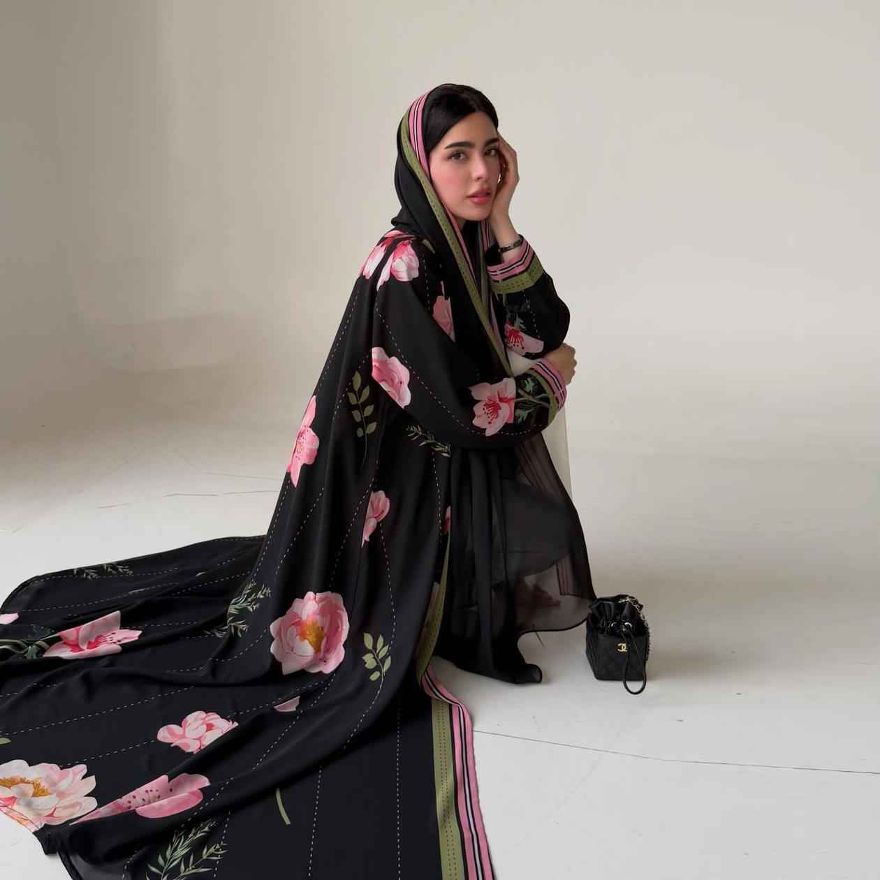 Midnight Blossom Chiffon Abaya Set- Mavenne Bi