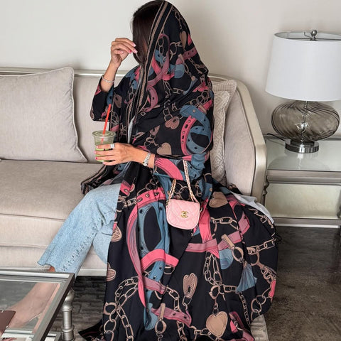 Mavenne Bi Luxe Printed Abaya Set – Midnight Elegance