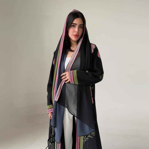 Midnight Blossom Chiffon Abaya Set- Mavenne Bi