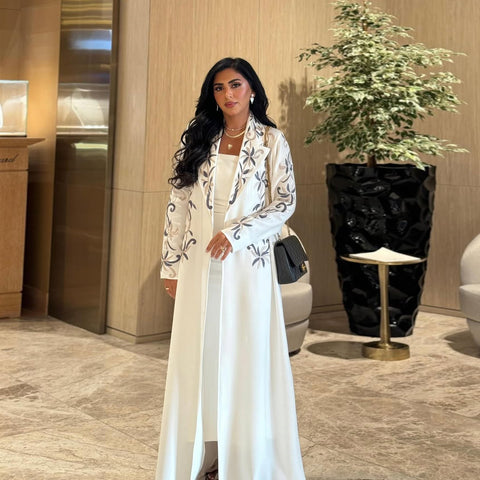 Mavenne Bi- Elegant White Embroidered Long Abaya