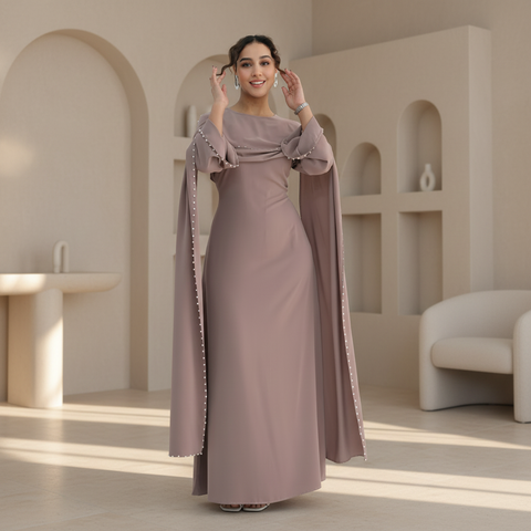 Rosé Lumière Beaded Abaya Dress- Mavenne Bi
