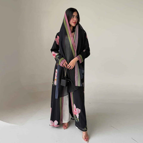 Midnight Blossom Chiffon Abaya Set- Mavenne Bi
