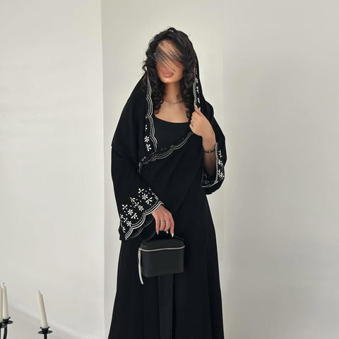 Amara Noir Embroidered Abaya Set- Mavenne Bi