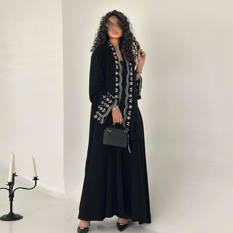 Amara Noir Embroidered Abaya Set- Mavenne Bi