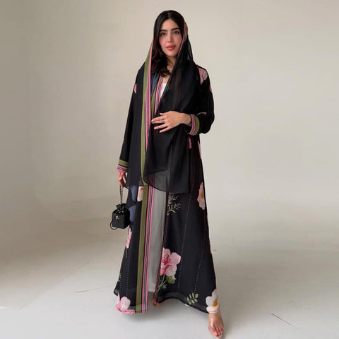 Midnight Blossom Chiffon Abaya Set- Mavenne Bi