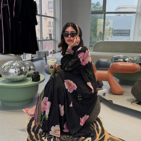 Midnight Blossom Chiffon Abaya Set- Mavenne Bi