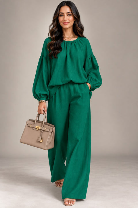 Emerald Ease Balloon Sleeve Co-Ord Set- Mavenne Bi