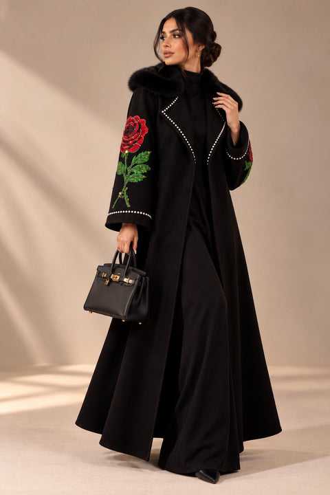 Roseraie Noir Embellished Wool Coat- Mavenne Bi