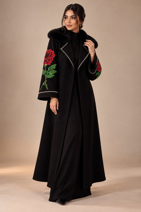 Roseraie Noir Embellished Wool Coat- Mavenne Bi