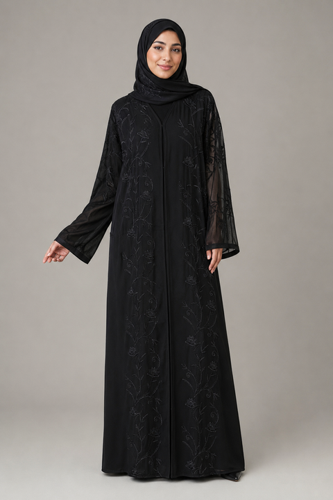 Fleur de Nuit Embroidered Chiffon Abaya Set- Mavenne Bi