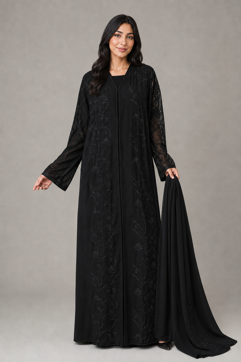 Fleur de Nuit Embroidered Chiffon Abaya Set- Mavenne Bi