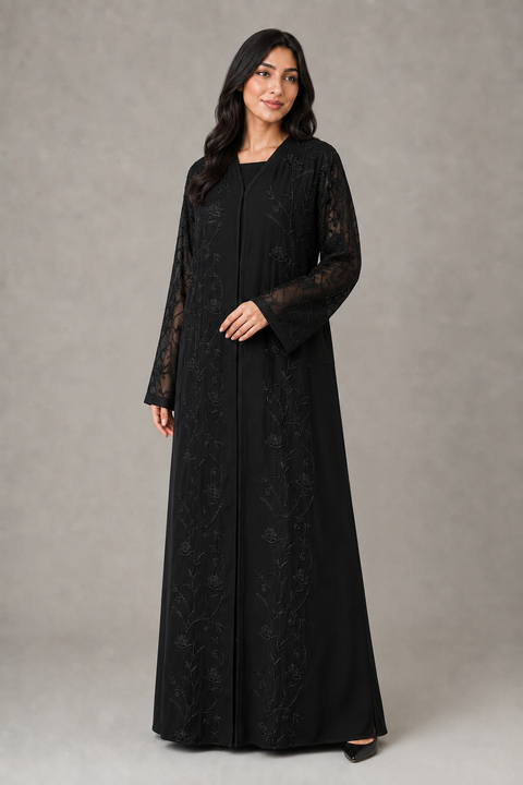Fleur de Nuit Embroidered Chiffon Abaya Set- Mavenne Bi