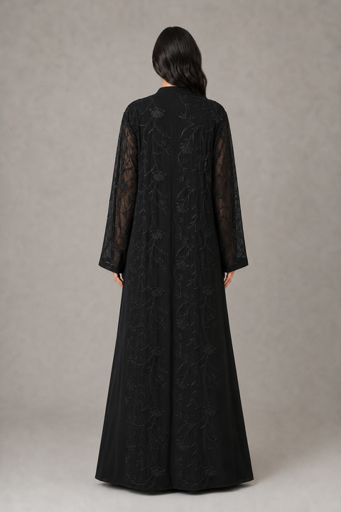Fleur de Nuit Embroidered Chiffon Abaya Set- Mavenne Bi
