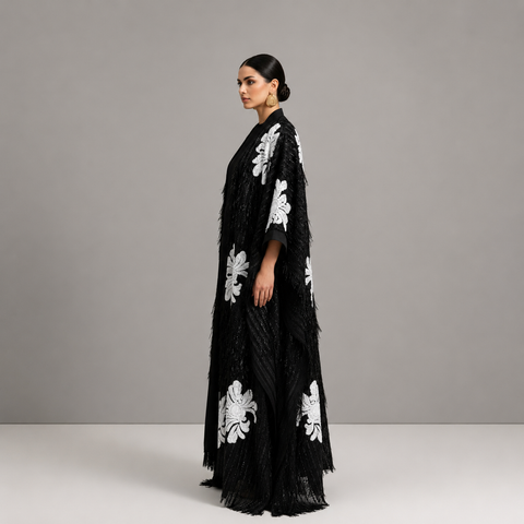 Noir Fleur Royale Sequence and Beaded Embroidered Abaya- Mavenne BI