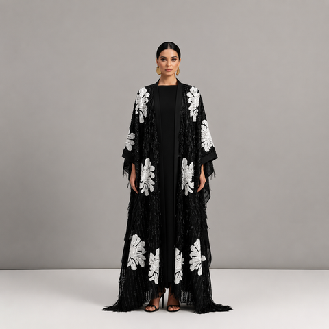 Noir Fleur Royale Sequence and Beaded Embroidered Abaya- Mavenne BI