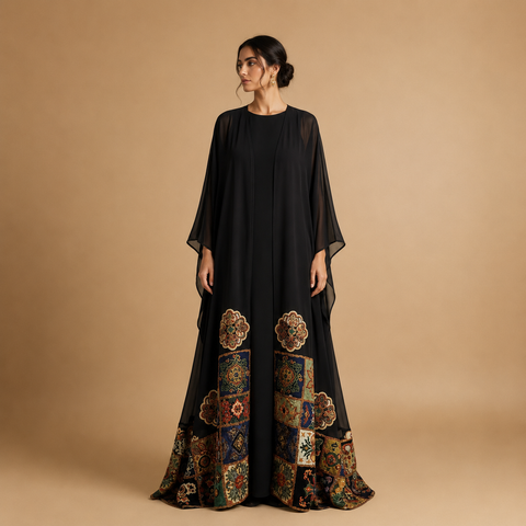 Mosaic Noir Embroider Abaya Set- Mavenne Bi