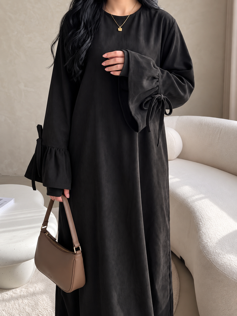 Amara Bow-Sleeve Ribbed Abaya- Mavenne Bi
