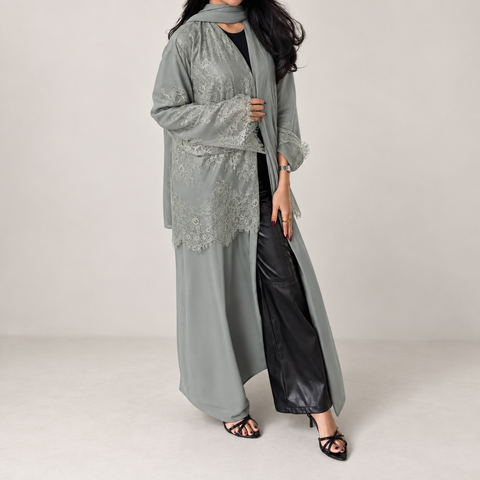 Sage Élégance Lace Abaya Set- Mavenne Bi
