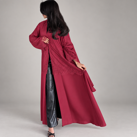 Burgundy Élégance Lace Abaya Set- Mavenne Bi