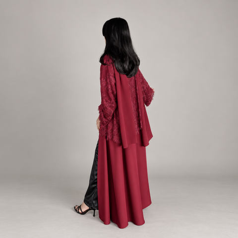 Burgundy Élégance Lace Abaya Set- Mavenne Bi