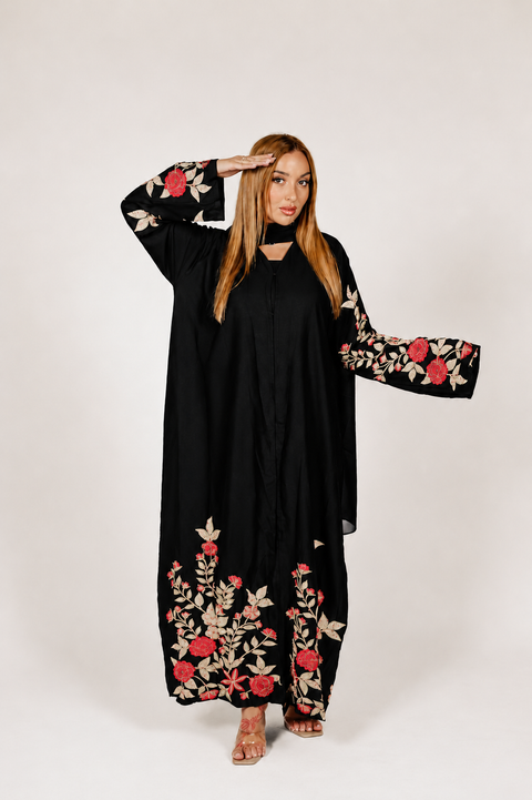 Rosé Noir Embroidered Abaya Red- Mavenne Bi