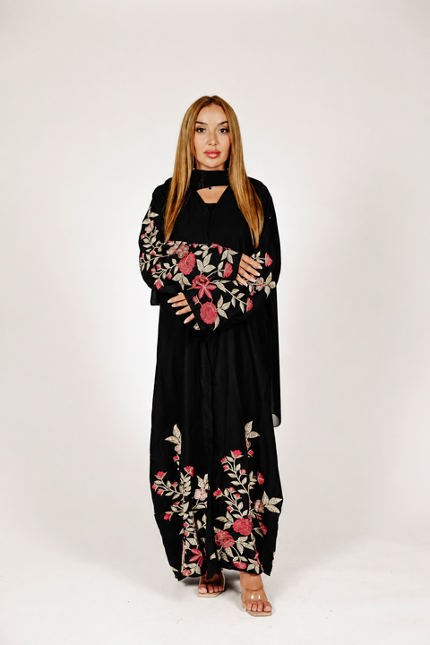 Rosé Noir Embroidered Abaya Red- Mavenne Bi