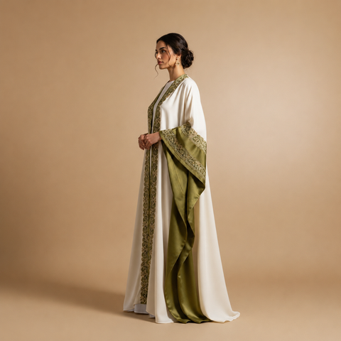 Olive Élysée Embroidered Satin Abaya- MavenneBi