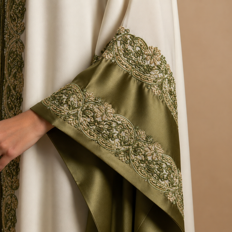 Olive Élysée Embroidered Satin Abaya- MavenneBi