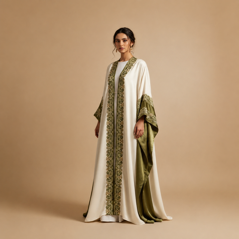 Olive Élysée Embroidered Satin Abaya- MavenneBi